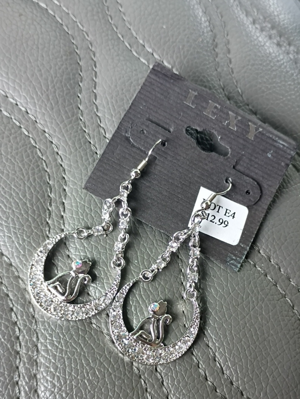 Silver Cat Crescent Dangle Earrings - Silver